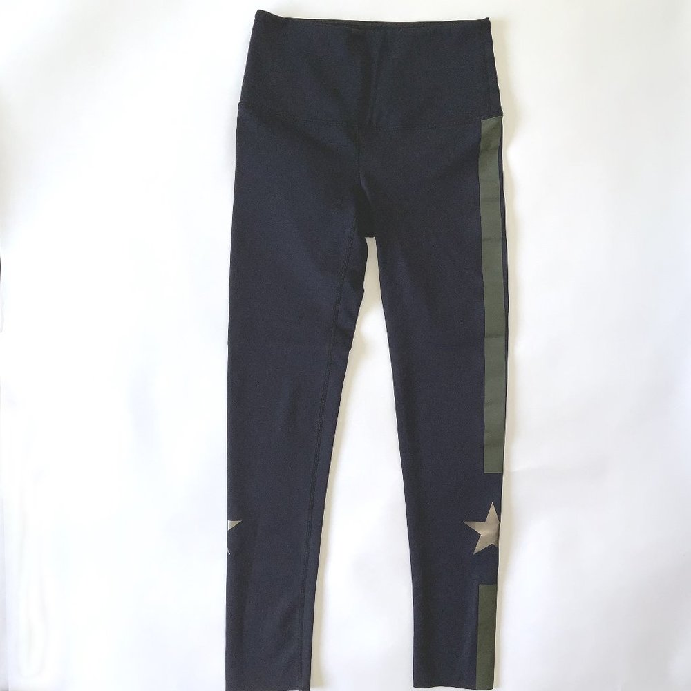 NWOT NOLI YOGA Black Star Stripes Glossy Athletic Stretch Legging Pants Size S